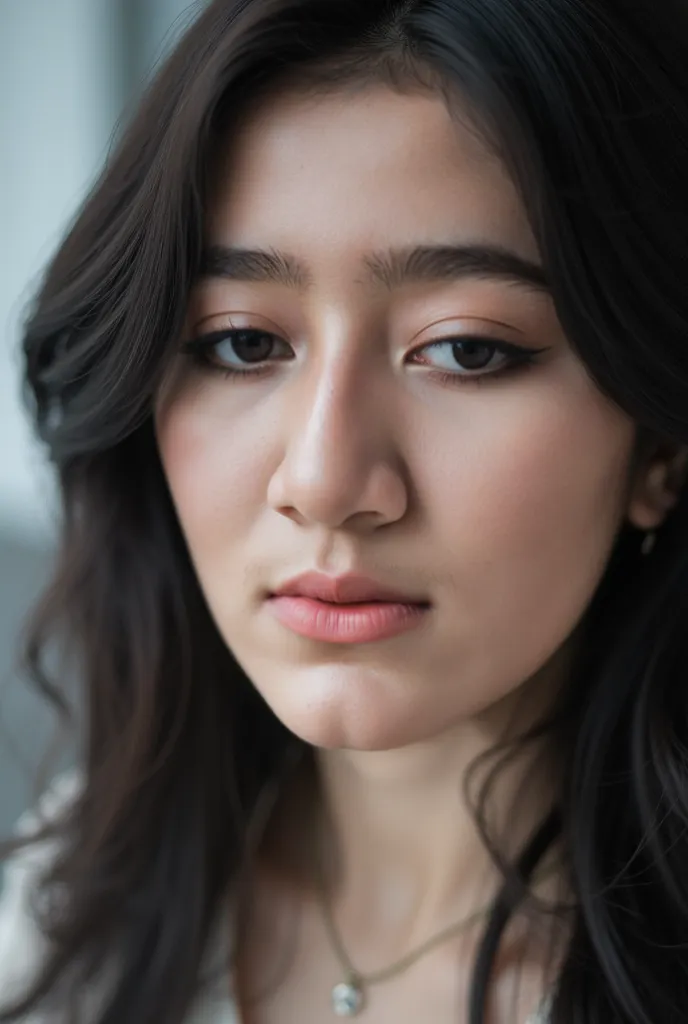 Close-up shot of the face of indonesian woman, a face looking up