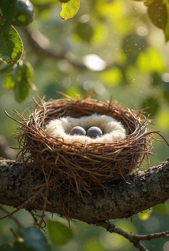 
"A round nest carefully built of small sticks and dry leaves, with a soft feather and wool lining, placed on a strong branch of an oak tree, surrounded by green leaves, soft sunlight, safe and warm atmosphere."