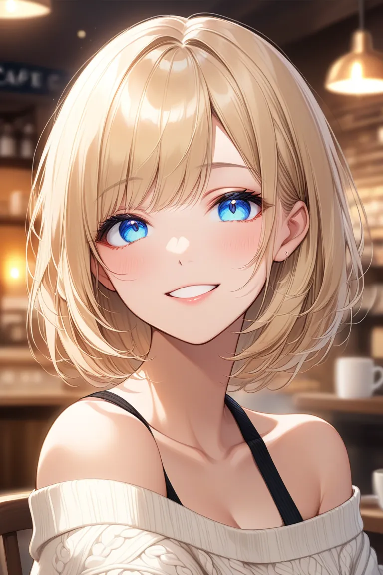 ((Highest quality)), ((masterpiece)), ( exhaustive), 1 girl,black off-shoulder knit、nsfw1.8、Blue eyes、blonde short bob、full body shot、smile、walking in the background is a cafe