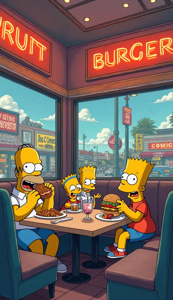 A highly detailed, vibrant, and cinematic illustration in The Simpsons style: A bustling Springfield restaurant district, filled with iconic characters enjoying their meals at various eateries. The scene is full of life, with bright neon signs, delicious f...