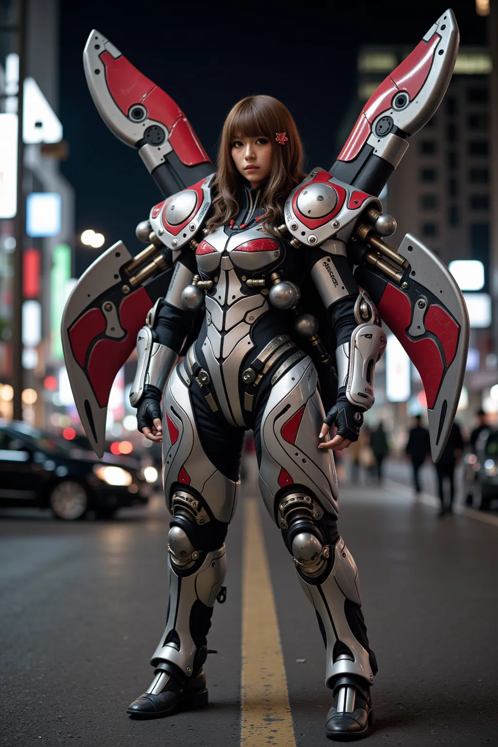 Masterpiece, (ultimate quality:1.2), 8k, Japanese woman in turtle-type powered suit, silver base with crimson red and black accents, very beautiful face, mechanical, (large mechanical wings), jet pack, hydraulic cylinder, power pipe, ultimately intricate d...