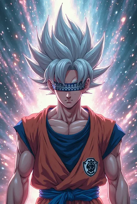 Make Goku Wear Blind Fold Like Gojo with white hair JJK Anime Style photo 