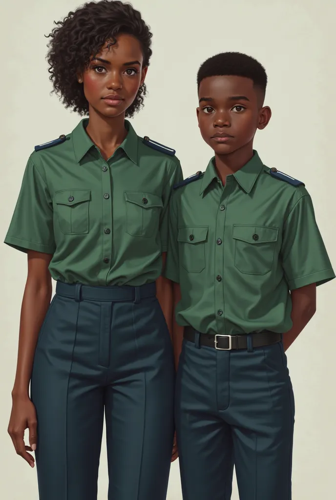 realistic uniform,  green shirt, dark blue pants. The characters must be a woman and a man, black-skinned ren. The boy must have pants and the minimum skirt. 