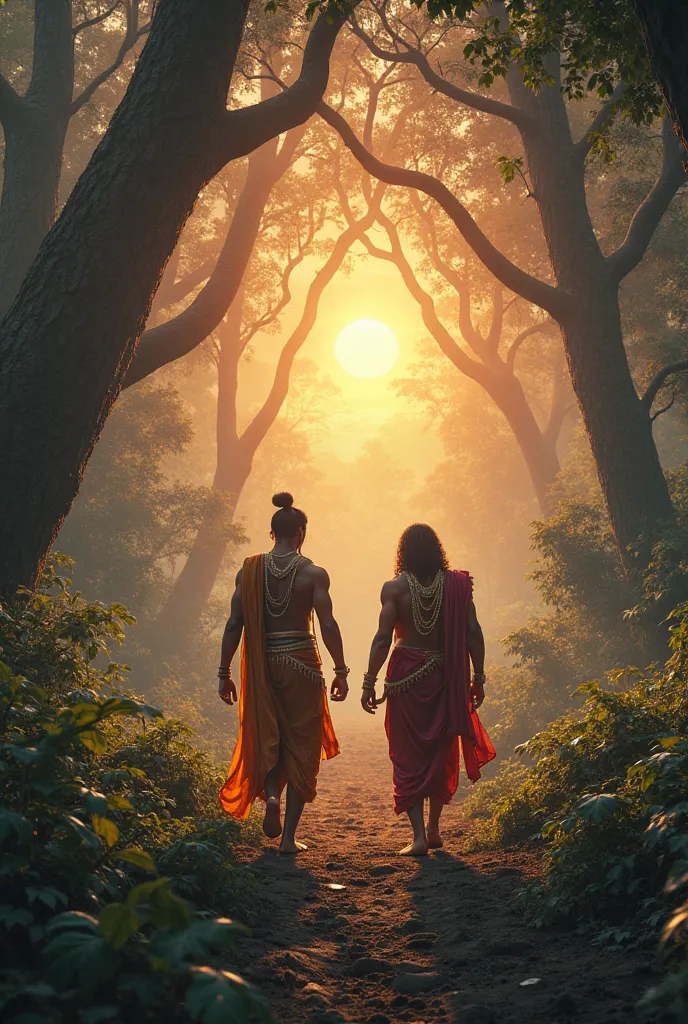 "An epic scene of Rama and Lakshmana searching the vast forest for Sita, encountering wild animals and mystical creatures along the way, with the towering trees and an orange sunset."