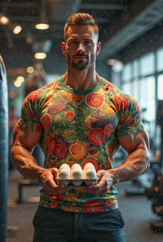 I want a man with an athletic body who is in a gym with a bag 
He wears a shirt with food in it and the other hand is eggs and a pack of protein