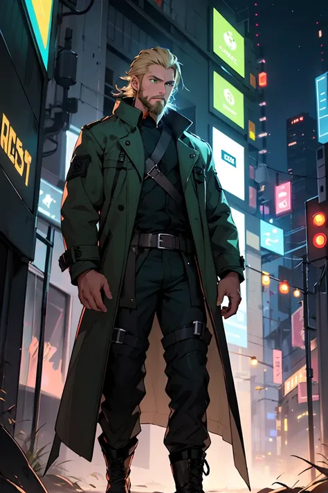 1Men, Solo, slim and tall; longe Blonde Hair; green Eyes; dark green futuristic coat, Belts on cloth, cyber city background, rechteckige sonnenbrille , beard, smocking, tired eyes, yawrning, Millitary boots, night,