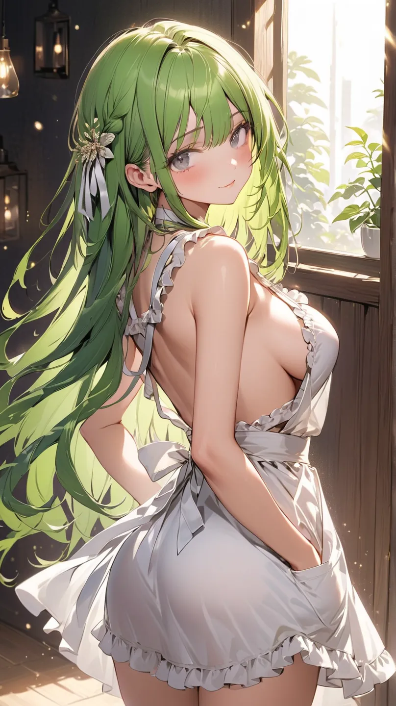 8k resolution, Masterpiece, Master work, perfect proportion, semi realistic, from top, 1woman, busty, breasts apart:1.2, small face, scary and beautiful, mad green long hair:1.3, gray eyes, empty expression:1.2, The art style is modern and elegant, outline...