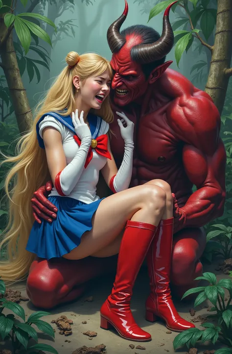 Hyperrealism, masterpiece, highest quality, A young Japanese woman is sitting on the devil lap, ((she is crying and screaming in pain)), painful face, she is wearing a Sailor Moon costume, Blue sailor collar, Blue mini pleated skirt, she is wearing pleated...