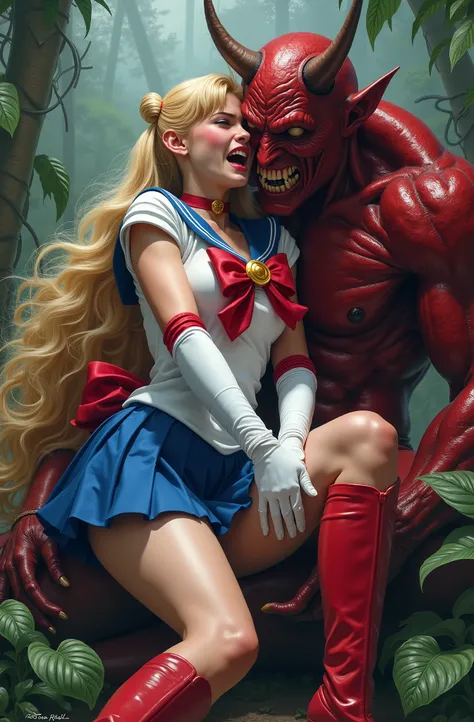 Hyperrealism, masterpiece, highest quality, A young Japanese woman is sitting on the devil lap, ((she is crying and screaming in pain)), painful face, she is wearing a Sailor Moon costume, Blue sailor collar, Blue mini pleated skirt, she is wearing pleated...