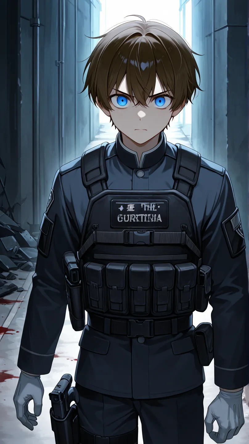 a japanese boy , he puts on white gloves , he wears a  black combat uniform , brown hair , blue eyes , gun , blood , victim