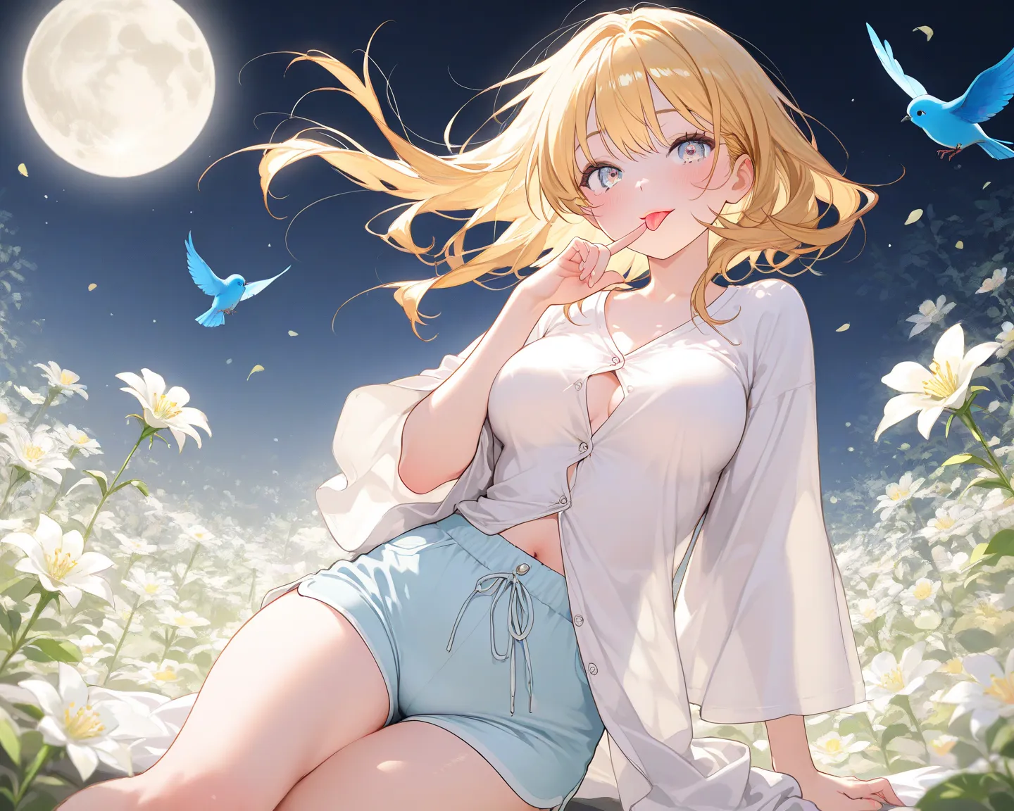  Masterpiece Best Night Full Moon 1 Female Mature Woman Older Sister Cold Face No Expression Silver White Long Hair Woman Pale Pink Lips Calm Intellectual Atmosphere 3 Grey Eyes Assassin's Dagger, flower, Hand Detail,  Finger Details ,、Blonde Hair Color、sh...