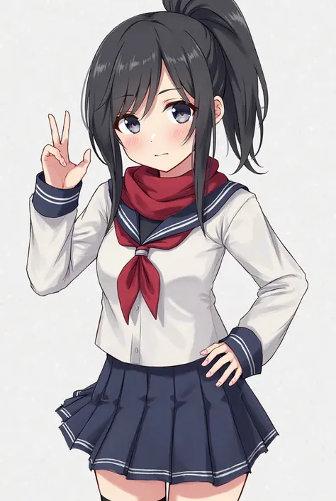 Ayano Aishi from the video game Yandere Simulator with pale skin, dark gray eyes and straight black hair down to her knees, she is five feet tall, has an E cup size breast, her hair is tied in a high ponytail with pointed bangs swept to the right, the midd...