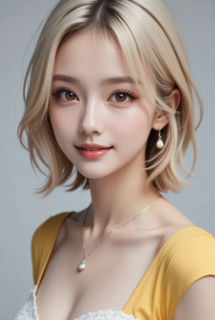 8k), (Best quality: 1.5), Gray background, Close up of face, Alone girl, Masterpiece, Delicate piercing eyes, Brown eyes, Strong eyes, Delicate face, Attractive face, Platinum blonde hair, Medium long waves, Yellow wedding dress, Yellow wedding dress, Laye...