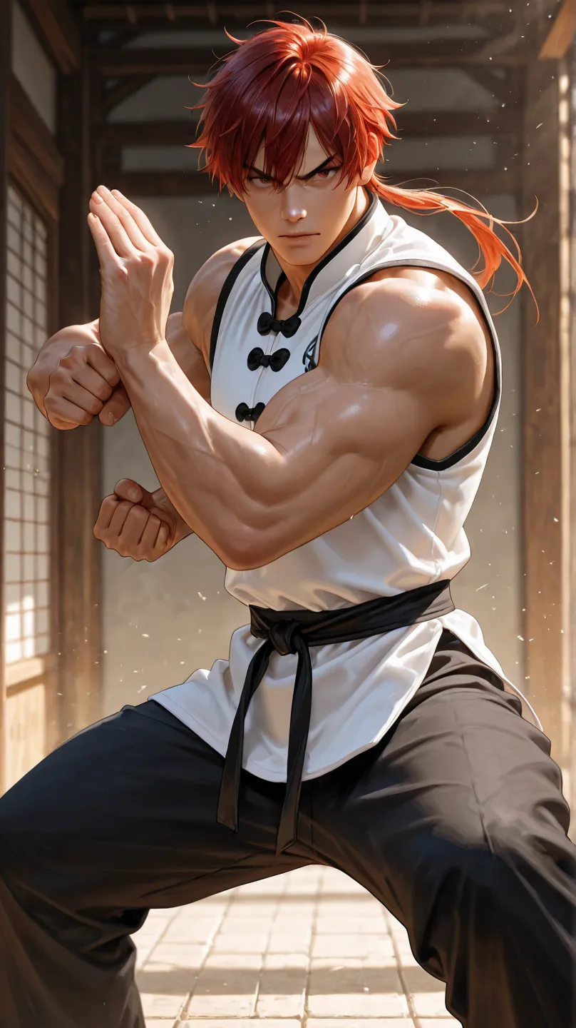 a buff kungfu guy standing, normal stand pose.