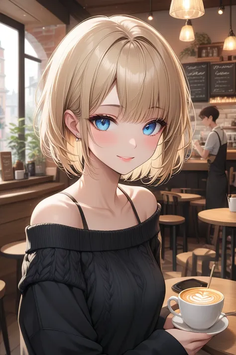 ((Highest quality)), ((masterpiece)), ( exhaustive), 1 girl,black off-shoulder knit、nsfw1.8、Blue eyes、blonde short bob、full body shot、smile、walking in the background is a cafe、How