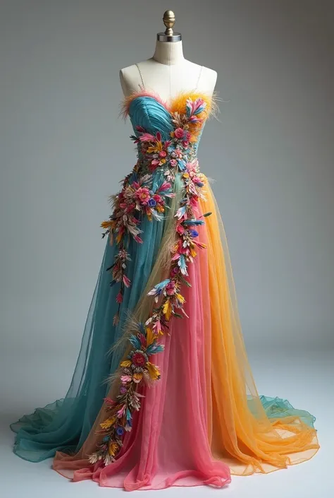 Badgley Mischka Multicolored Dress with Embroidered Feathers
A vibrant dress featuring multicolored embroidery and feather details, combining luxury with a playful design
On a maniqune ( only one maniqune )
Show me the full maniqune 