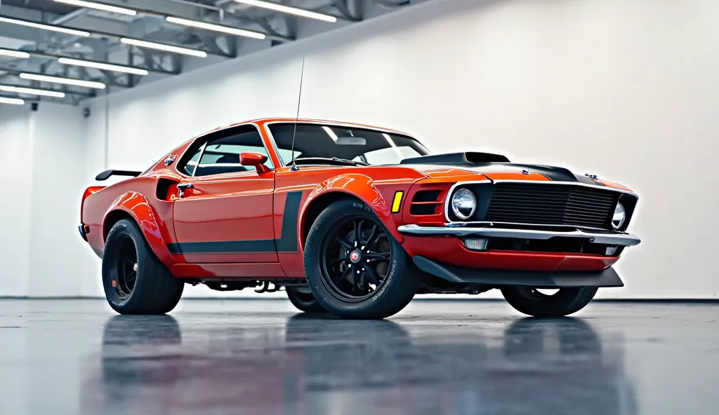 
"A fully HD, vibrant, and eye-catching close-up, left-side view of a sleek, 1970 Ford Mustang GT 390 displayed in a modern, bright gallery. The image highlights the sedan’s bold side profile, showcasing its smooth and angular body lines, sculpted doors, a...