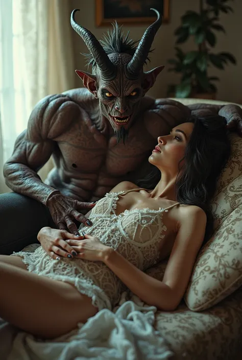 This image is real of Spectrophilia, a very sexy wife dressed in her living room to a sex demon, whose penis is connected to that of the husband and between them they give pleasure