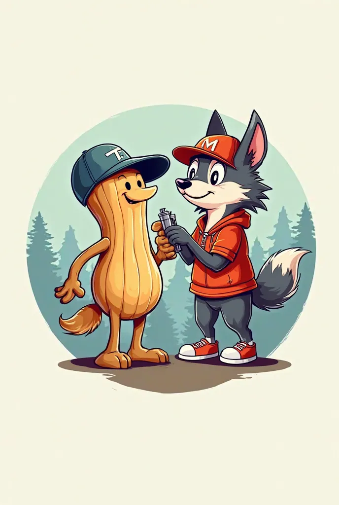 create a logo design on a circle base, have two figures on it, one is a peanut in a facebool cap holding a spray gun, the other is a wolf in a baseball cap