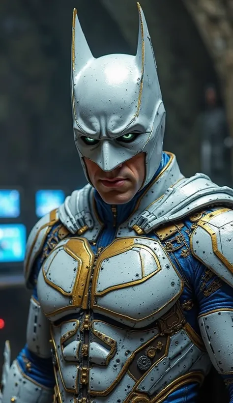 Realistic image in high quality, Batman wearing new costume, the costume is white and gold, the costume has blue stripes, the costume has visible mechanical gears, the costume has gold in its composition, Batman is in a cave, it is possible to see computer...