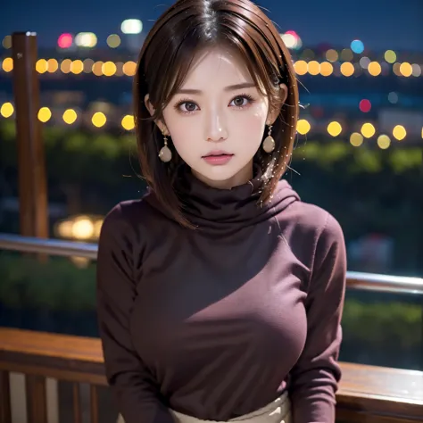 ((Short Ponytail)),1 girl, beautiful girl、Alone, High Resolution, 最high quality, high quality, textured skin, Ultra High Precision,((beautiful big brown eyes)), ((dark red hair)),((turtleneck hoodie with skirt)),
((Photograph from the waist up)),((look abo...