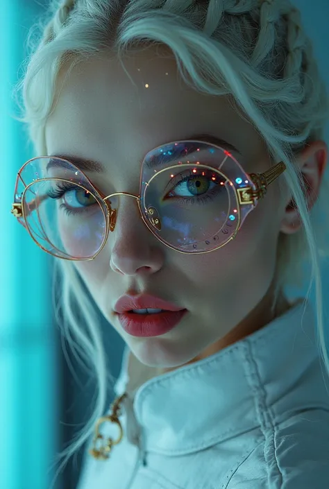 The model is wearing glass sPhotorealistic, cinematic, cyberpunk"](Key directive: ‘Super-sharp human eyes with biological accuracy’){ Character: ‘20-year-old Ukrainian woman’} Face: - ”symmetrical pale skin (sub-surface scattering: 1.3), full lips (vertica...