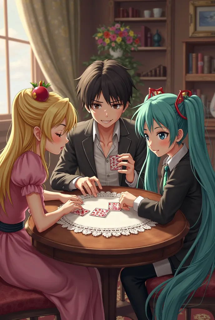 Eren Jeager,Princess Peach and Hatsune Miku playng to cards