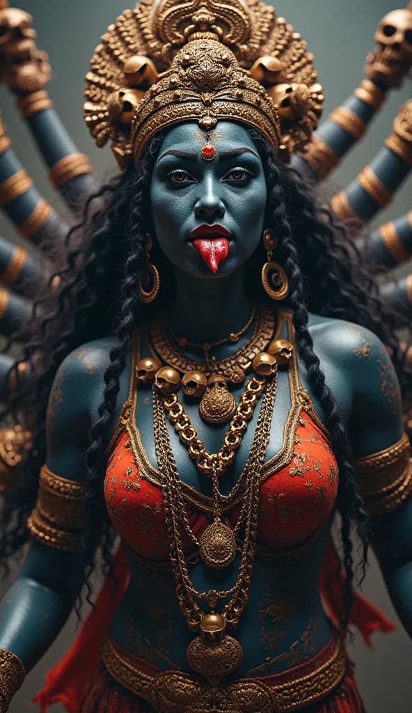 Goddess Kali is a powerful and dynamic figure in Hindu mythology, often depicted as a fierce, yet compassionate deity. She represents destruction, transformation, and rebirth. Her appearance is striking, with dark skin, a necklace made of skulls, and multi...