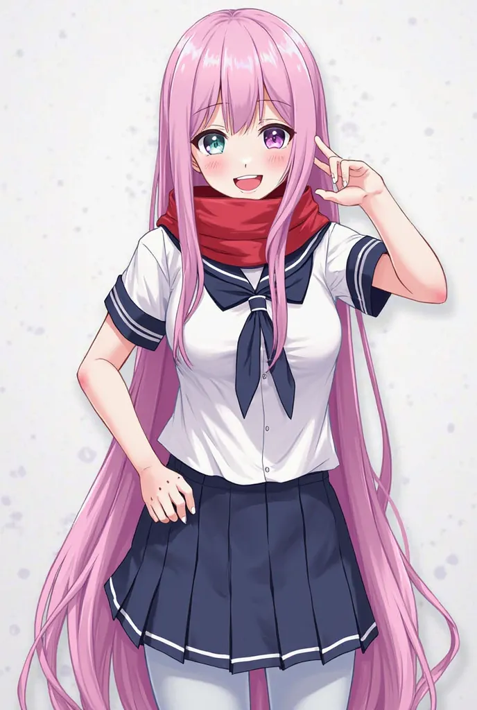 Mai Waifu from the video game Yandere Simulator has extremely long hair dyed pastel pink that reaches to her ankles with two strands framing her face that wrap around her neck, her bangs are purple at the ends, due to her SAIKOU contact lenses, her eye col...