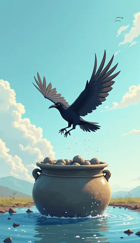 (Wide shot: The water level gradually rises.)
"One by one, he dropped the pebbles into the pot, and slowly, the water rose higher and higher!"

(The crow takes one final look, dips its beak, and finally drinks the water.)
Crow (relieved, happily):
"Ahhh......