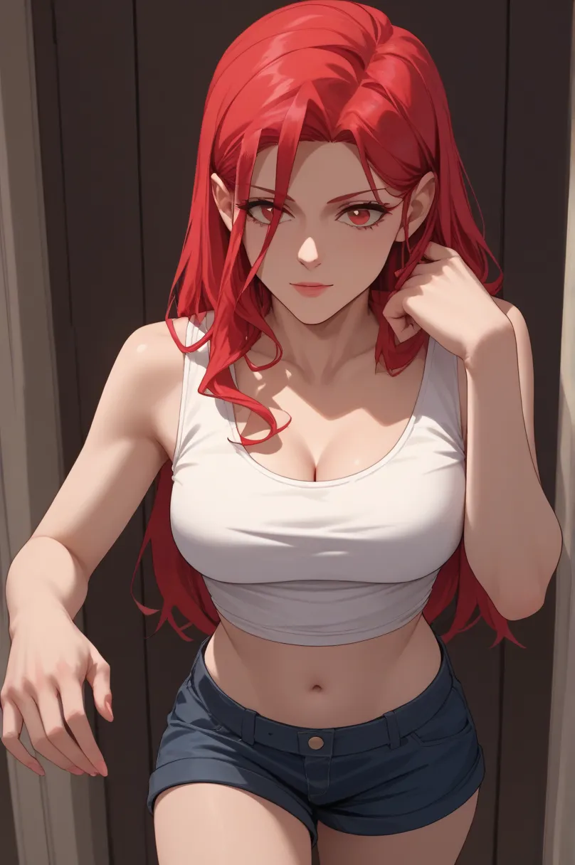 Elizabeth, red eyes, red hair, white tank top, cleavage, midriff, navel, Dark Denim Shorts, elizabeth_2nd_outfit
