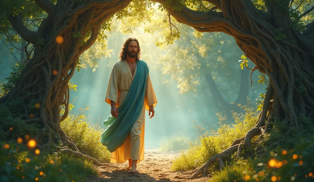 A cinematic, ultra-HD digital painting of Jesus Christ walking barefoot through an enchanted forest bathed in ethereal light. He wears a flowing beige robe with a soft blue shawl draped over His shoulders, moving gently with His steps. His expression is pe...