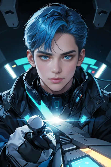 Extreme close-up illustration of a male sci-fi pilot, facing directly forward towards the camera, symmetrical composition, 1boy, 1malefocus, colored hair, dramatic lighting, unique facial features, inside a mech cockpit, intense eye contact, centered frami...