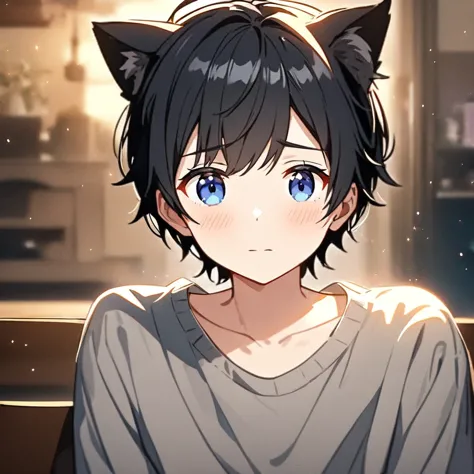 Anime,Solo,1boy, cute, cat ears, black hair, blue eyes, blush, shy