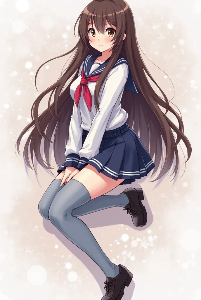 Mida Rana from the video game Yandere Simulator with extremely long brown hair that reaches her ankles, brown eyes, she has a large F cup chest and her uniform consists of a white and navy blue sailor shirt with a mini red scarf, a matching navy blue skirt...