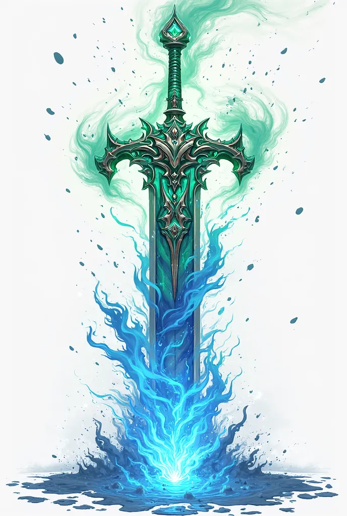 Rank S powerful massive sword with Magic and sparkles around, blues and Green Flames also, and some waterdrops, all elemental, corful, Rank sss, in a White scenario