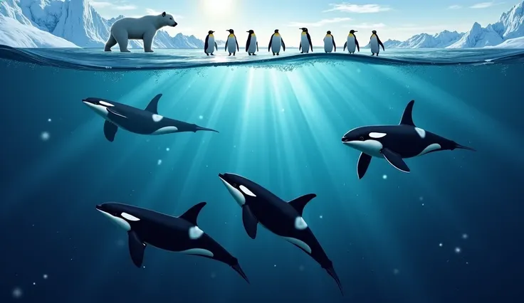 "Realistic underwater scene in the Arctic Ocean. A flock of killer whales with smooth black and white bodies and powerful fins is stalking a group of penguins, trying to escape, must be clear when diving in different directions. the water is crystal clear,...