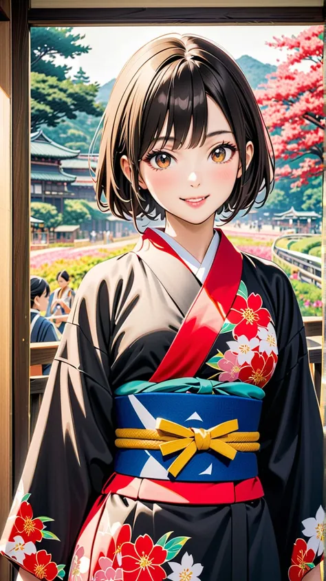   young woman, Beautiful woman wearing colorful Japanese kimono,   Brownish Black Hair  , Japanese painting, anime art, Colored pencil drawing，What is the background of the 2025 Osaka Expo、Facing the front with a smile、