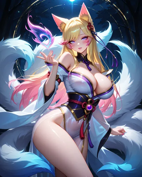 An ultra-detailed and sensual image of Ahri, the nine-tailed vastaya from League of Legends. Ahri is shown wearing a tight and translucent kimono, revealing her provocative silhouette. Her long and silky hair shines with golden reflections, and her skin ha...