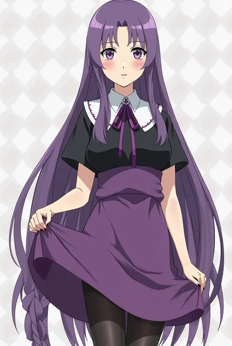 Sumire Kakei from the anime Boruto in adult version with extremely long purple hair styled in a long braid that reaches her ankles, purple eyes, a huge E cup size breast and she is dressed in a black t-shirt, above which she wears a purple dress with a whi...