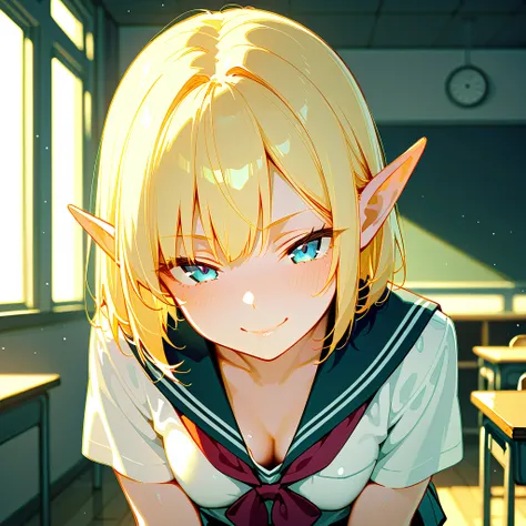 (masterpiece, best quality), ultra detailed, cinematic lighting, bokeh, BREAK vulgarity, hetero, shiny skin, white skin, sexy, face close up, small breasts, cleavage, straight hair, blond short hair, elf ears, school uniform, naughty face, smile, simple ba...