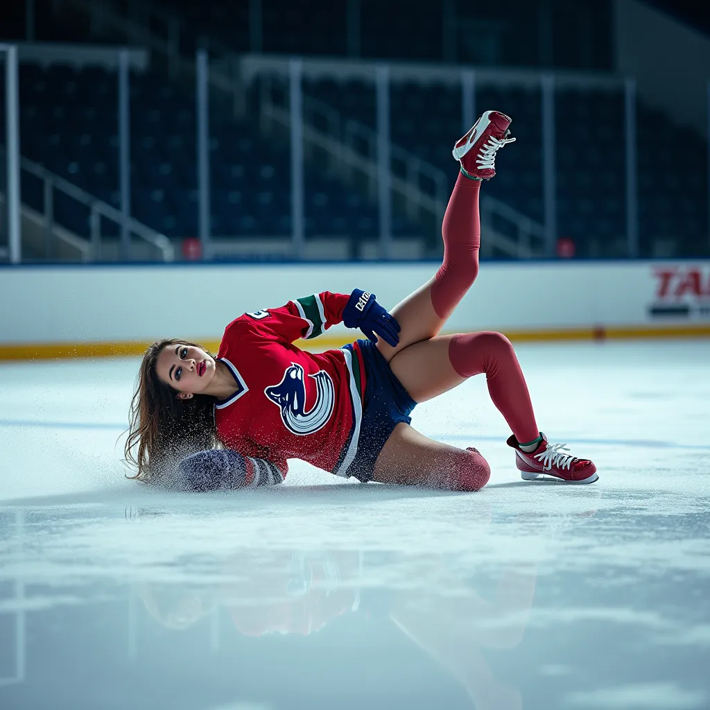 A stunning model in a Canucks hockey jersey, trying to do a sultry pose on the ice, but she slips and lands flat on her back.