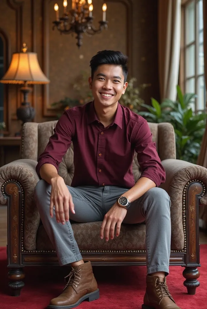 A handsome Indonesian young man with neatly styled short undercut hair sits elegantly on a luxurious sofa, wearing a maroon shirt and long gray jeans, wearing brown boots and wearing a luxury watch on his left hand, surrounded by luxurious wall decorations...