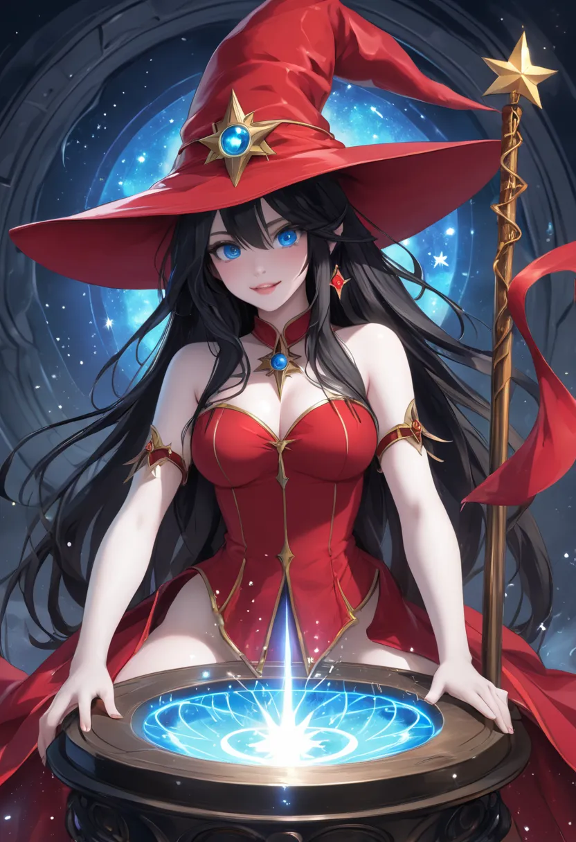 a red wizard's hat with stars and a magic star rod in a shiny round magic portal and a wizard in red sex with white skin blue eyes long black hair