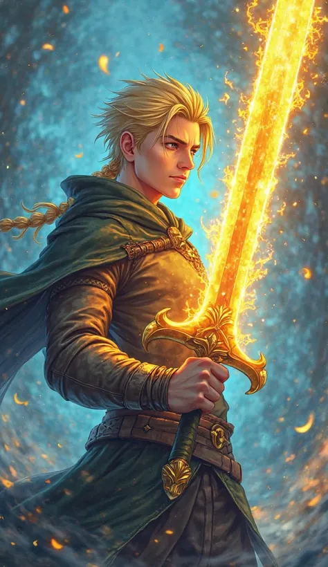 1garoto (22-year-old blonde with braided hair with shaved sides,) With a sword that radiates power, with a yellow and blue energy, The sword is big and golden, anime 3d