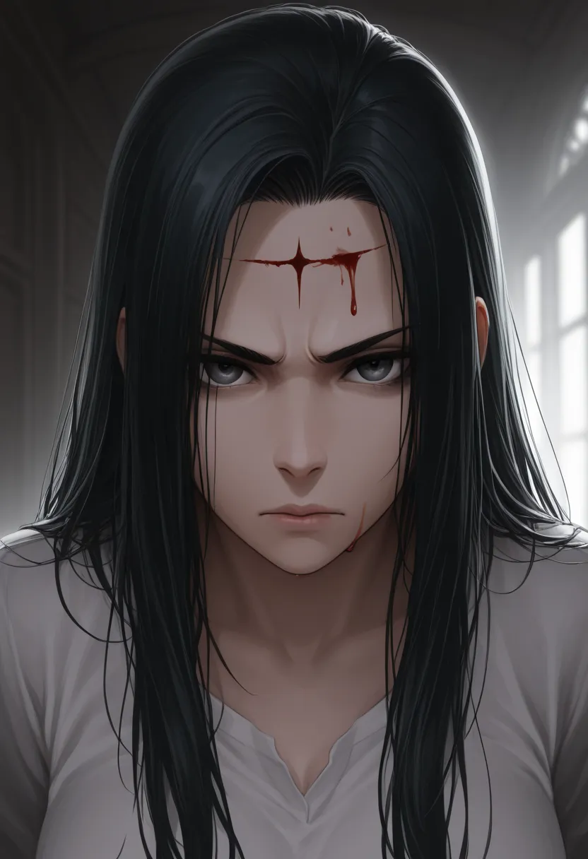 The_forehead, shortening, 1 girl, serious, white shirt, falda blanca, medium tall white, long hair, black hair, dark ambient, blood,  profundidad The campo, anteceThentes Thetallados, masterpiece, Best quality, amazing quality, 