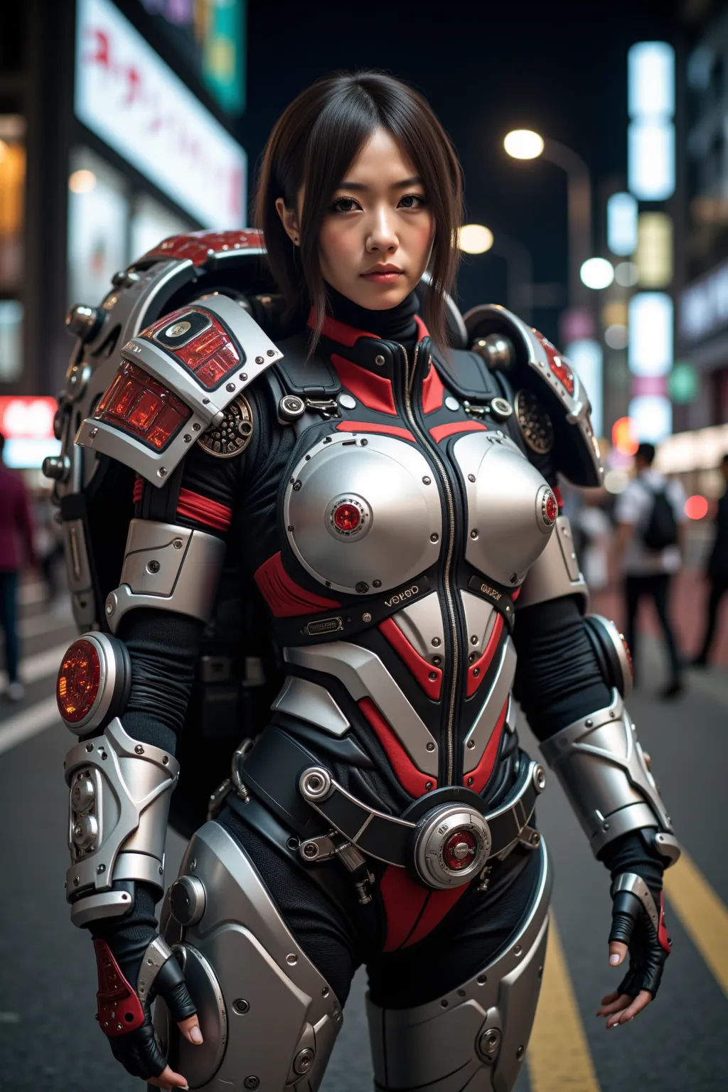 Masterpiece, (ultimate quality:1.2), 8k, Japanese woman in KATOKI HAJIME design turtle-type powered suit, silver base with crimson red and black accents, very beautiful face, mechanical, (large mechanical wings), jet pack, hydraulic cylinder, power pipe, u...