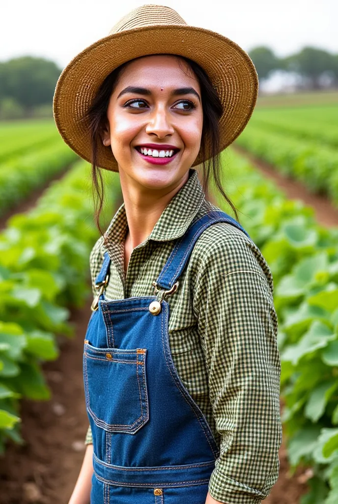  A smiling beautiful woman farmer standing full body,against the background of vegetable farm 