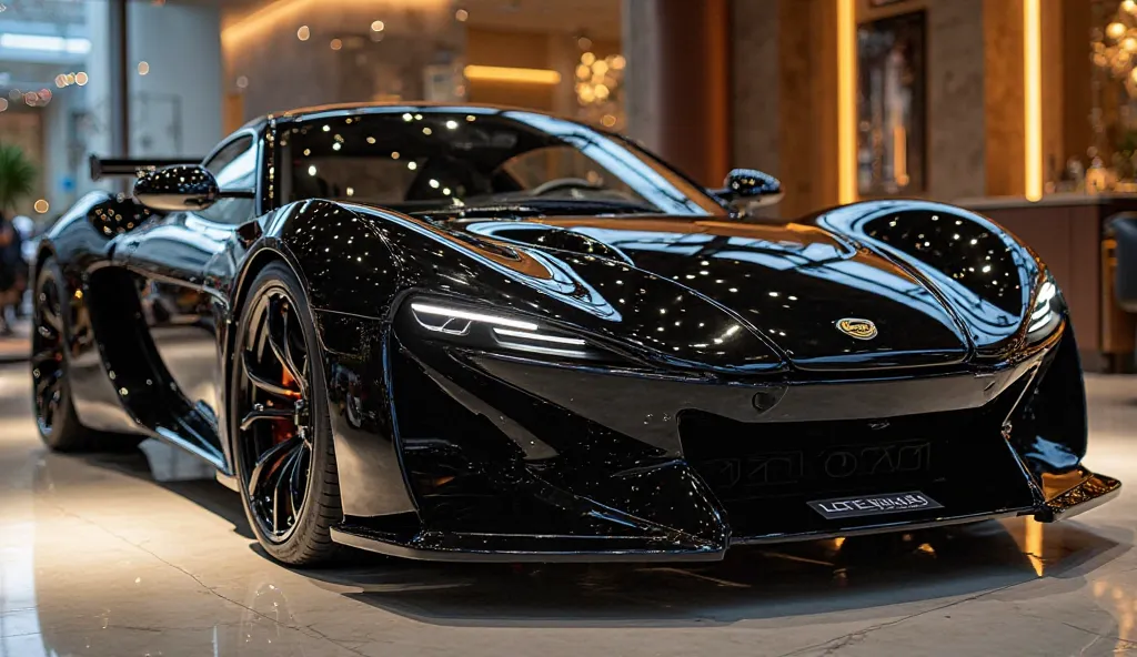 "A luxurious, camera (Lotus emeya)2025with a bold and modified design, featuring a (black) shiny polished exterior. In the (front side) view, the car modified front is highlighted, showcasing a custom (front right side) with an aggressive design. The featu...