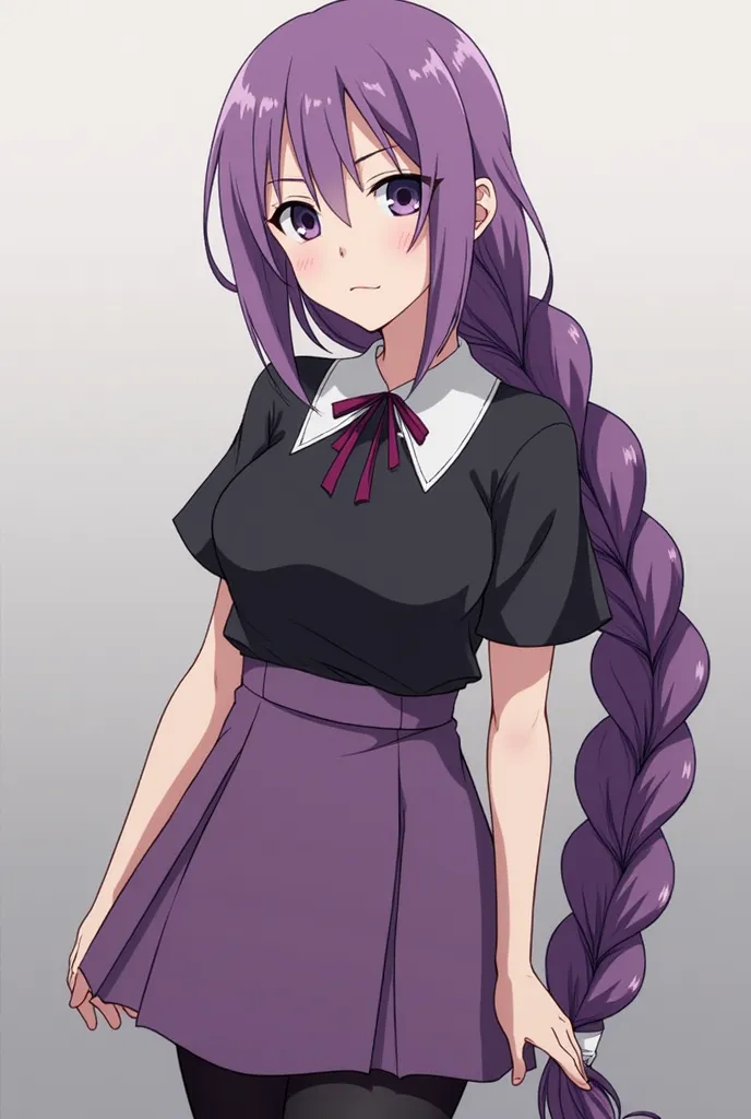 Sumire Kakei from the anime Boruto in adult version with extremely long purple hair styled in a long braid that reaches her ankles, purple eyes, a huge E cup size breast and she is dressed in a black t-shirt, above which she wears a purple dress with a whi...